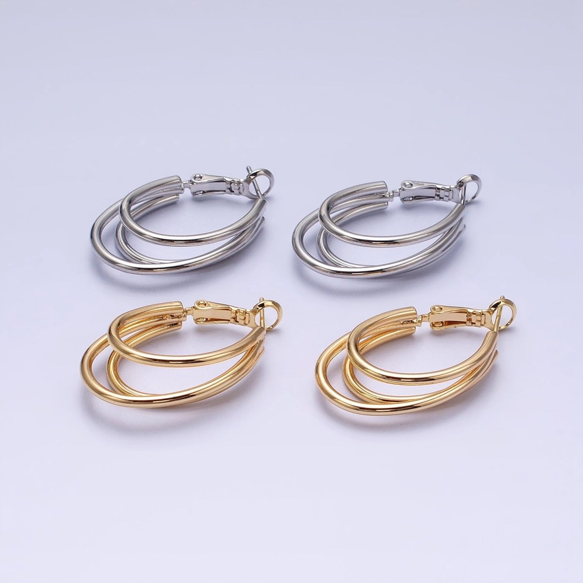 16K Gold Filled Triple Band Oblong Hinge Hoop Earrings in Gold & Silver | AD847 AD848