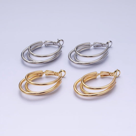 16K Gold Filled Triple Band Oblong Hinge Hoop Earrings in Gold & Silver | AD847 AD848