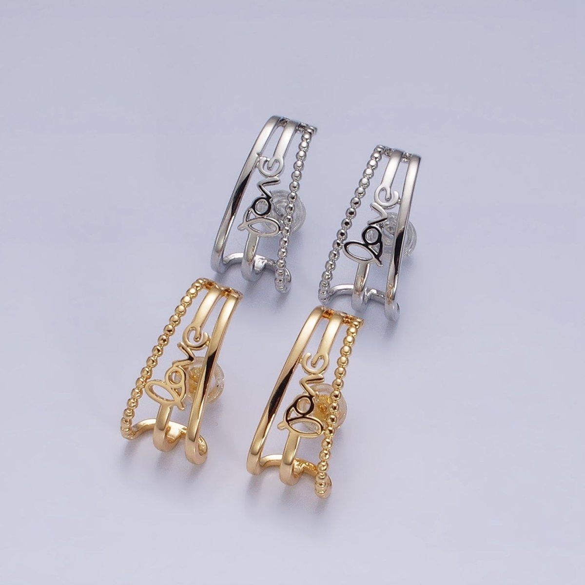 16K Gold Filled Triple Bar "love" Cursive Script Dotted 20mm Stud Earrings Set in Gold & Silver | AD1279 AD1280
