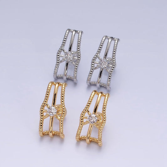 16K Gold Filled Triple Bar Twist Clear CZ 20mm Stud Earrings Set in Gold & Silver | AD1304 AD1305