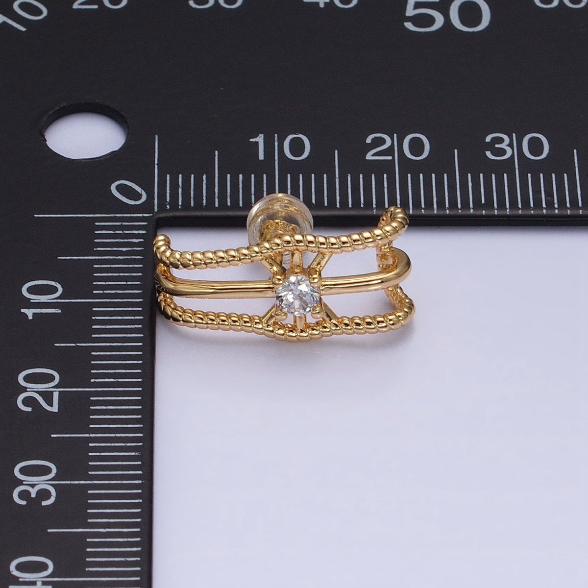 16K Gold Filled Triple Bar Twist Clear CZ 20mm Stud Earrings Set in Gold & Silver | AD1304 AD1305