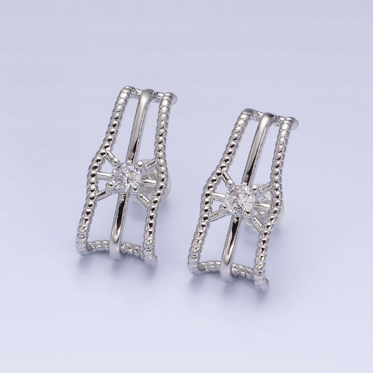 16K Gold Filled Triple Bar Twist Clear CZ 20mm Stud Earrings Set in Gold & Silver | AD1304 AD1305
