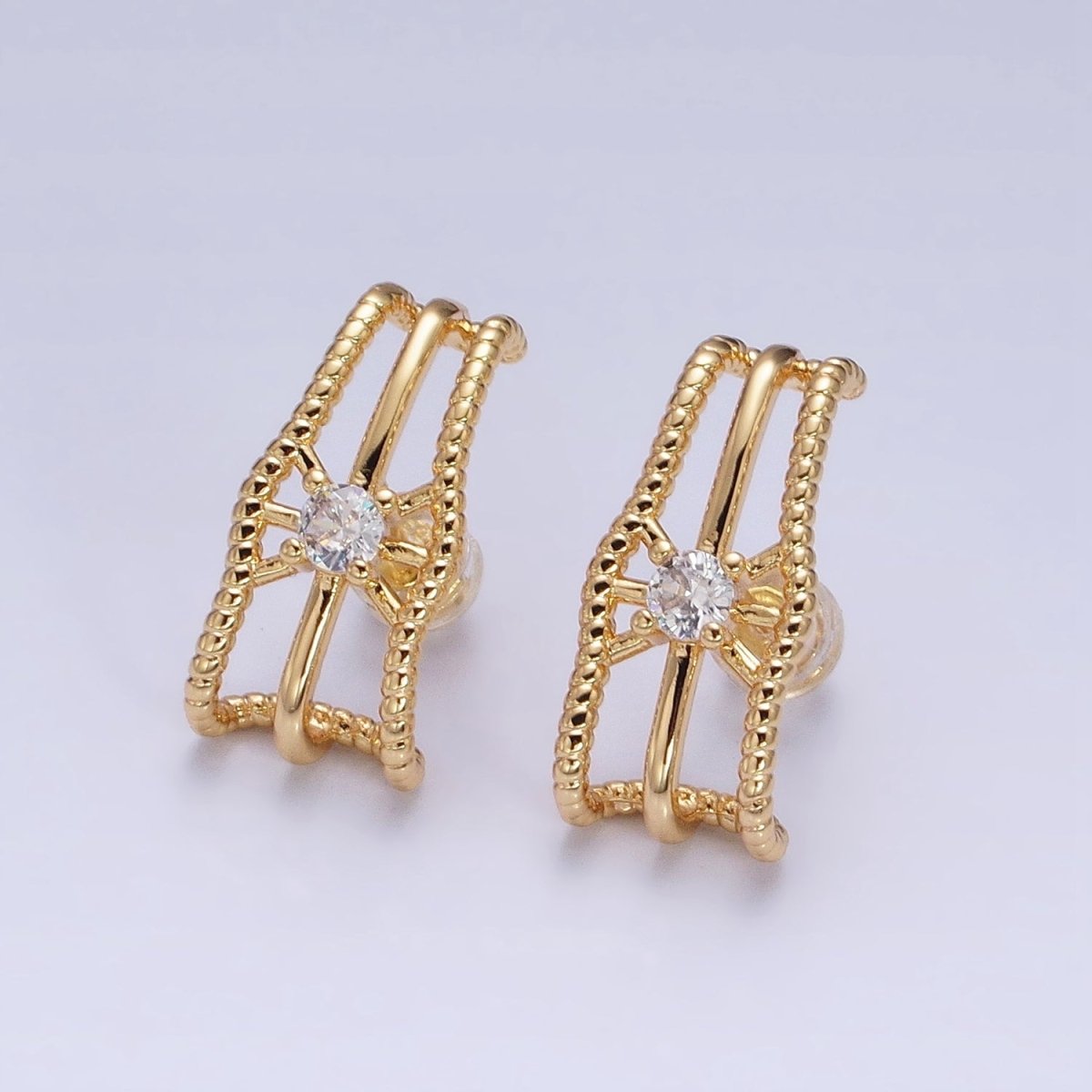 16K Gold Filled Triple Bar Twist Clear CZ 20mm Stud Earrings Set in Gold & Silver | AD1304 AD1305
