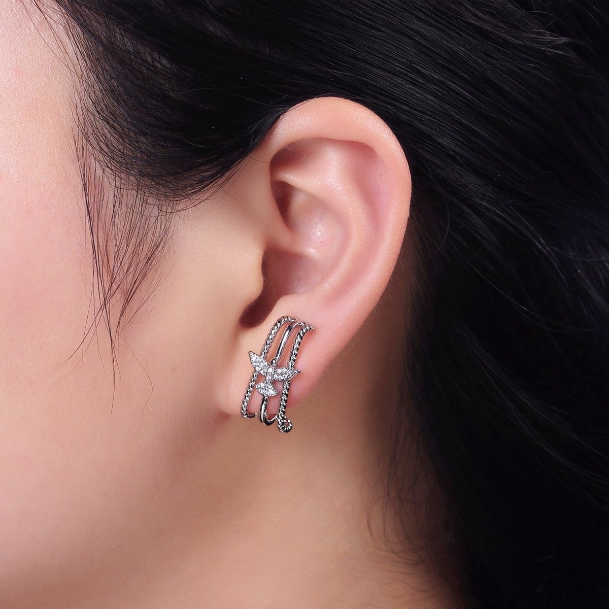 16K Gold Filled Triple Bar Twist Micro Paved CZ Bird 20mm Stud Earrings Set in Gold & Silver | AE848 AE849