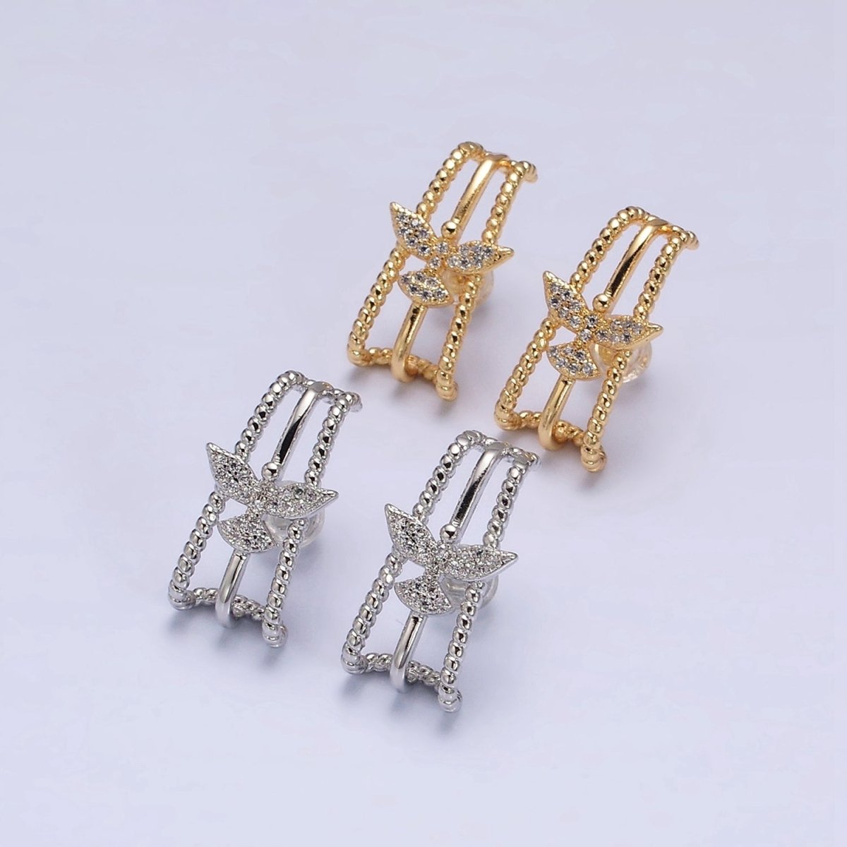 16K Gold Filled Triple Bar Twist Micro Paved CZ Bird 20mm Stud Earrings Set in Gold & Silver | AE848 AE849
