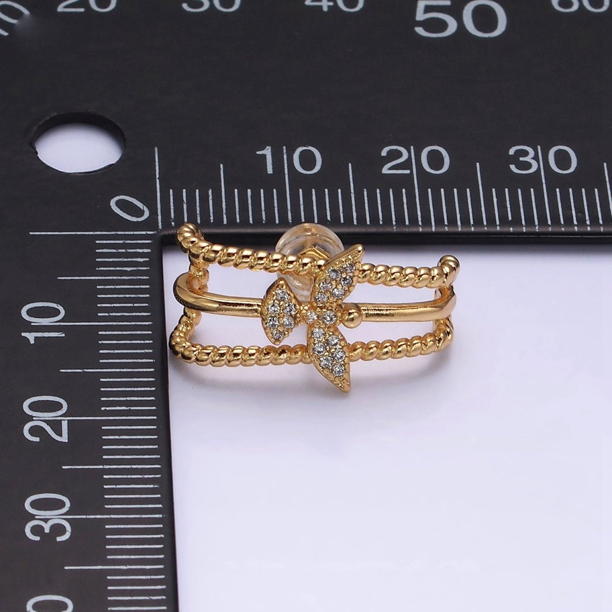 16K Gold Filled Triple Bar Twist Micro Paved CZ Bird 20mm Stud Earrings Set in Gold & Silver | AE848 AE849