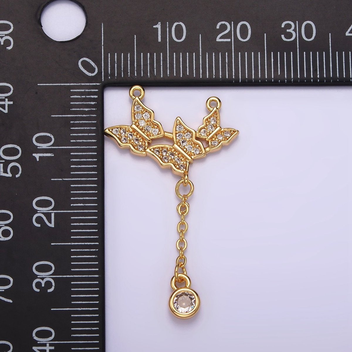 16K Gold Filled Triple Butterfly Dangle Micro Paved CZ Lariat Connector | G-057