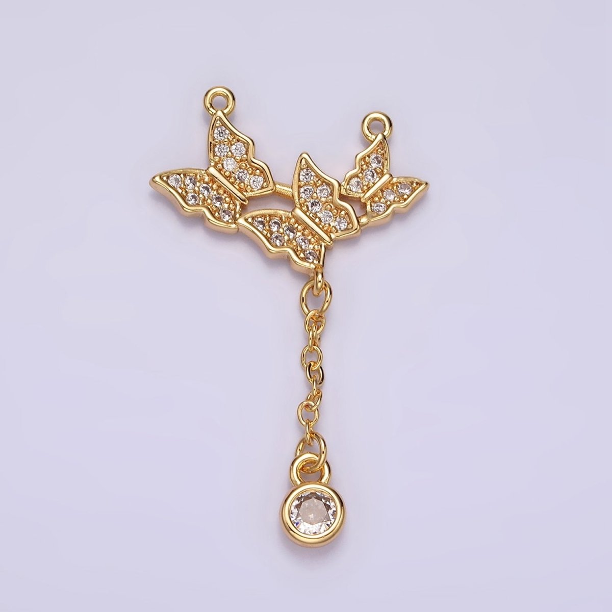 16K Gold Filled Triple Butterfly Dangle Micro Paved CZ Lariat Connector | G-057