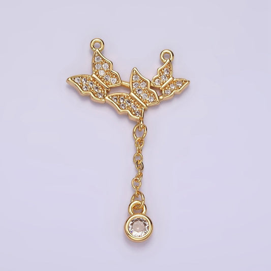 16K Gold Filled Triple Butterfly Dangle Micro Paved CZ Lariat Connector | G-057