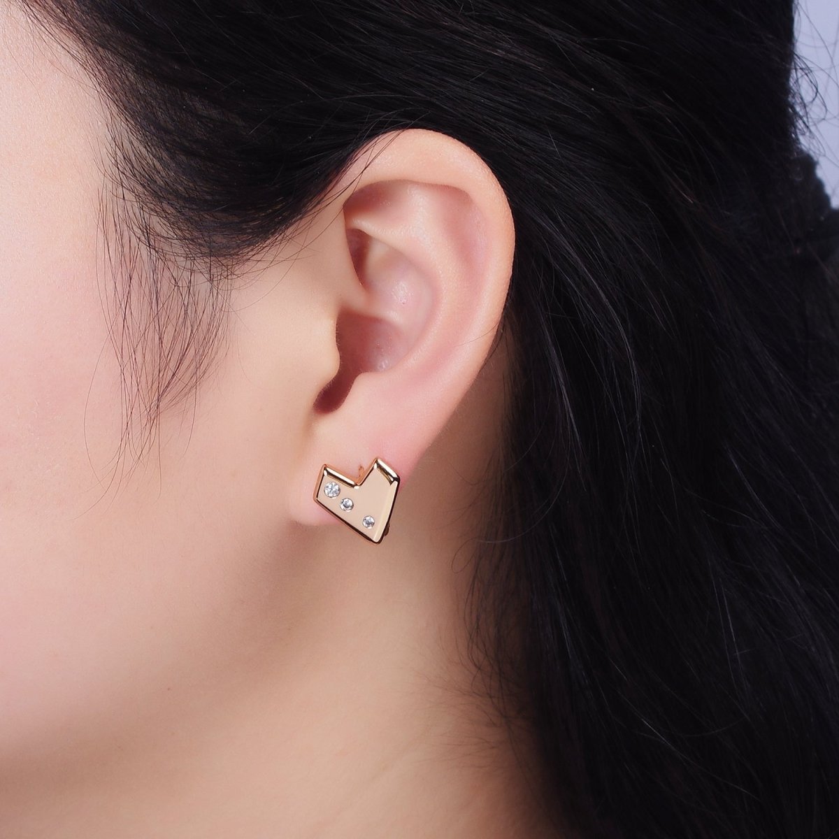 16K Gold Filled Triple Clear CZ Geometric Heart 12mm Cartilage Huggie Earrings  | AE817