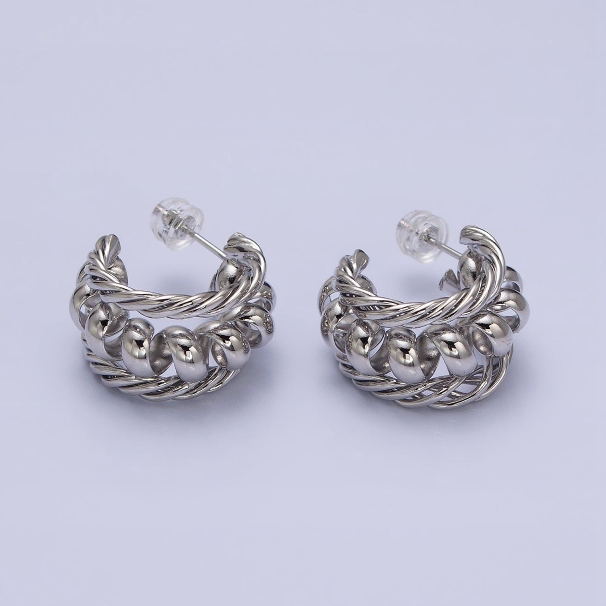 16K Gold Filled Triple Croissant Twist Spiral C-Shaped Stud Earrings in Gold & Silver | AD881 AD882