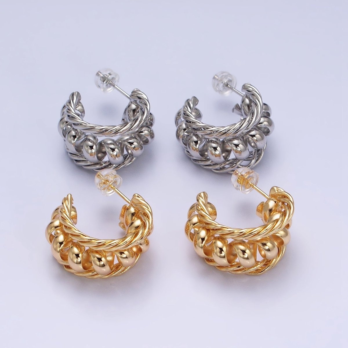 16K Gold Filled Triple Croissant Twist Spiral C-Shaped Stud Earrings in Gold & Silver | AD881 AD882