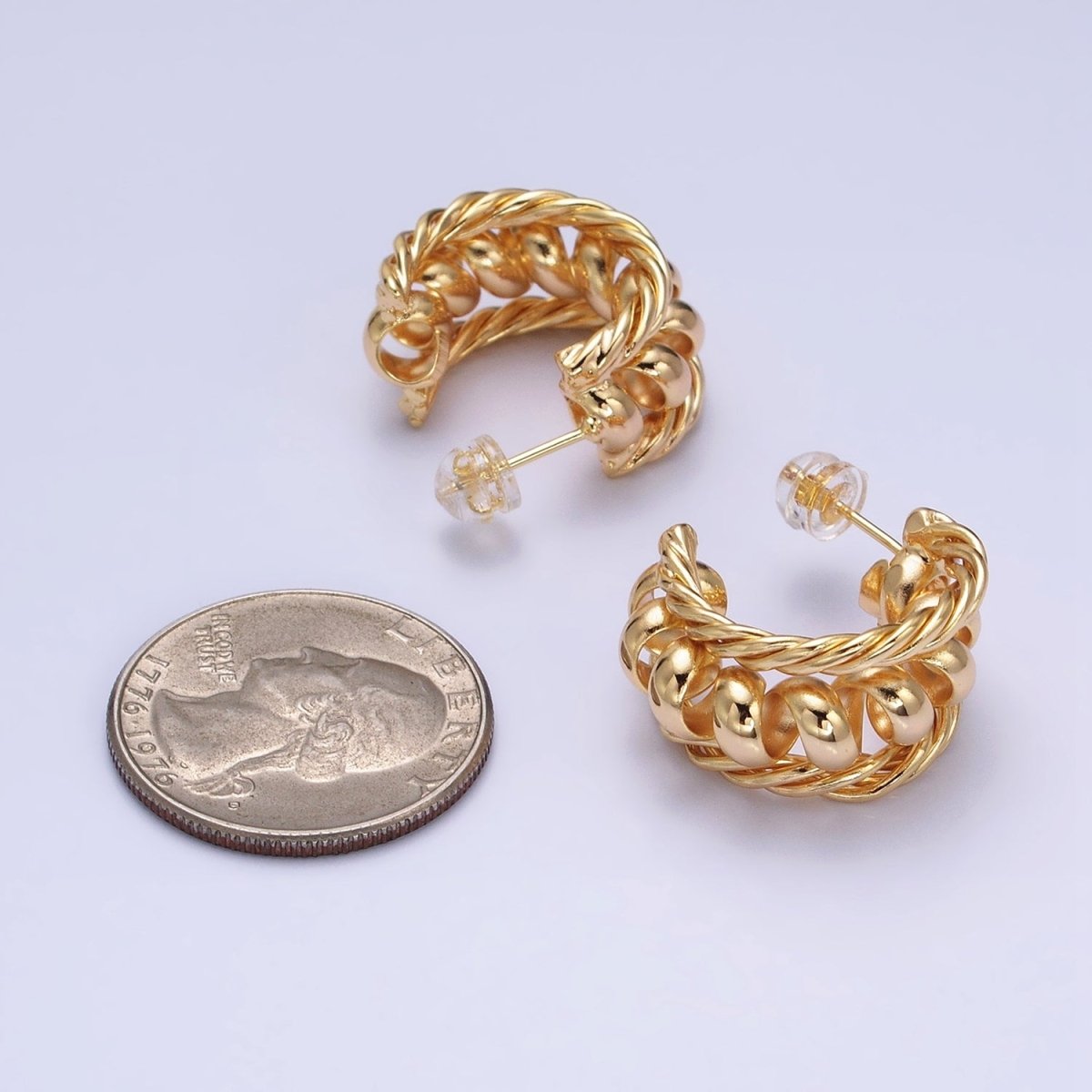 16K Gold Filled Triple Croissant Twist Spiral C-Shaped Stud Earrings in Gold & Silver | AD881 AD882