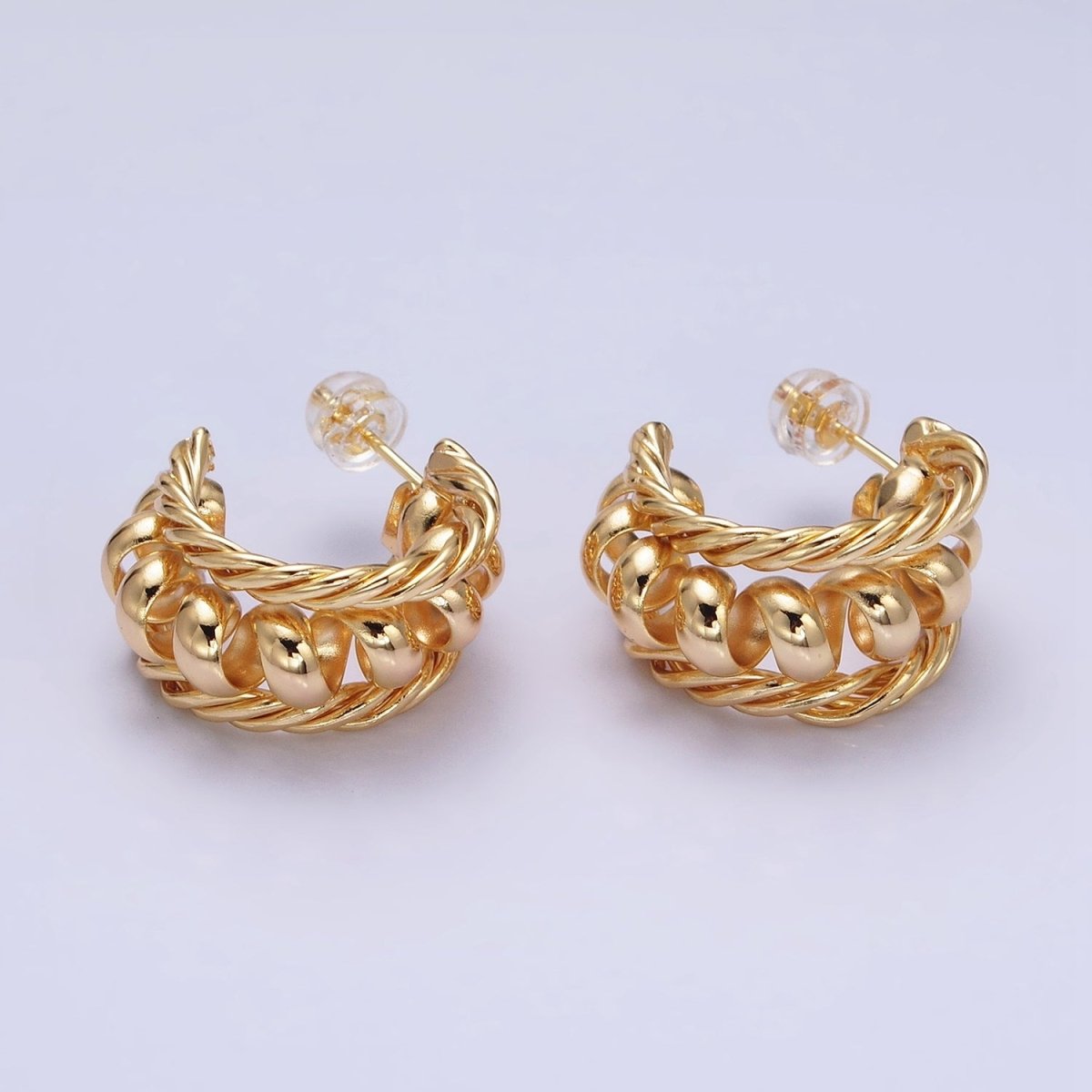 16K Gold Filled Triple Croissant Twist Spiral C-Shaped Stud Earrings in Gold & Silver | AD881 AD882