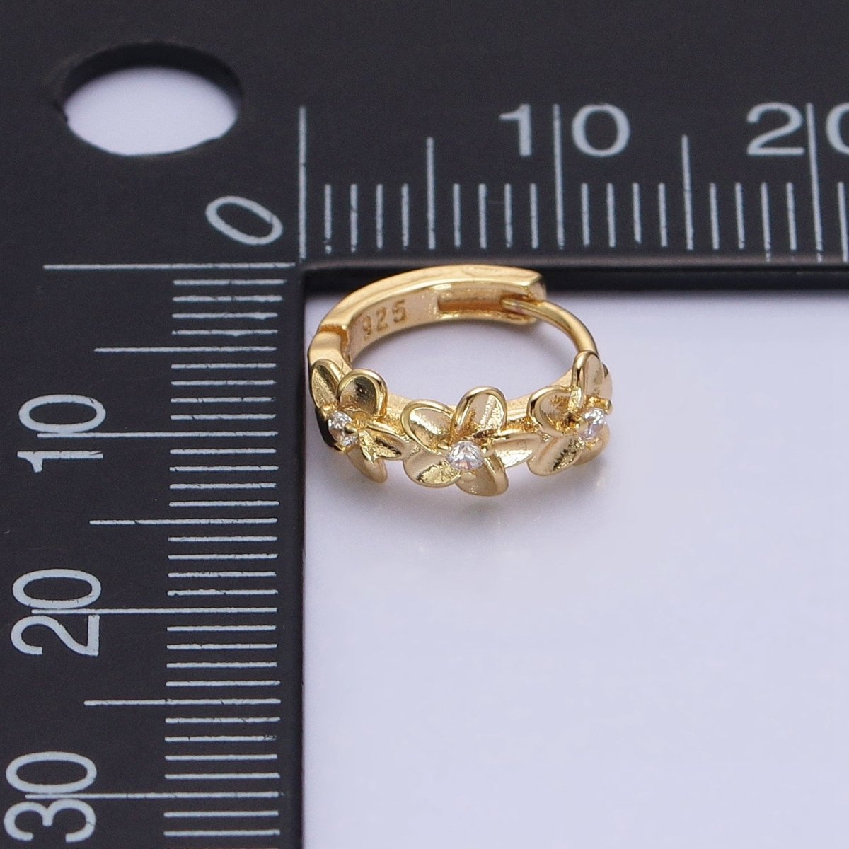 16K Gold Filled Triple Flower CZ Lined 12mm Huggie Earrings in Gold & Silver | AB1463 AB1464