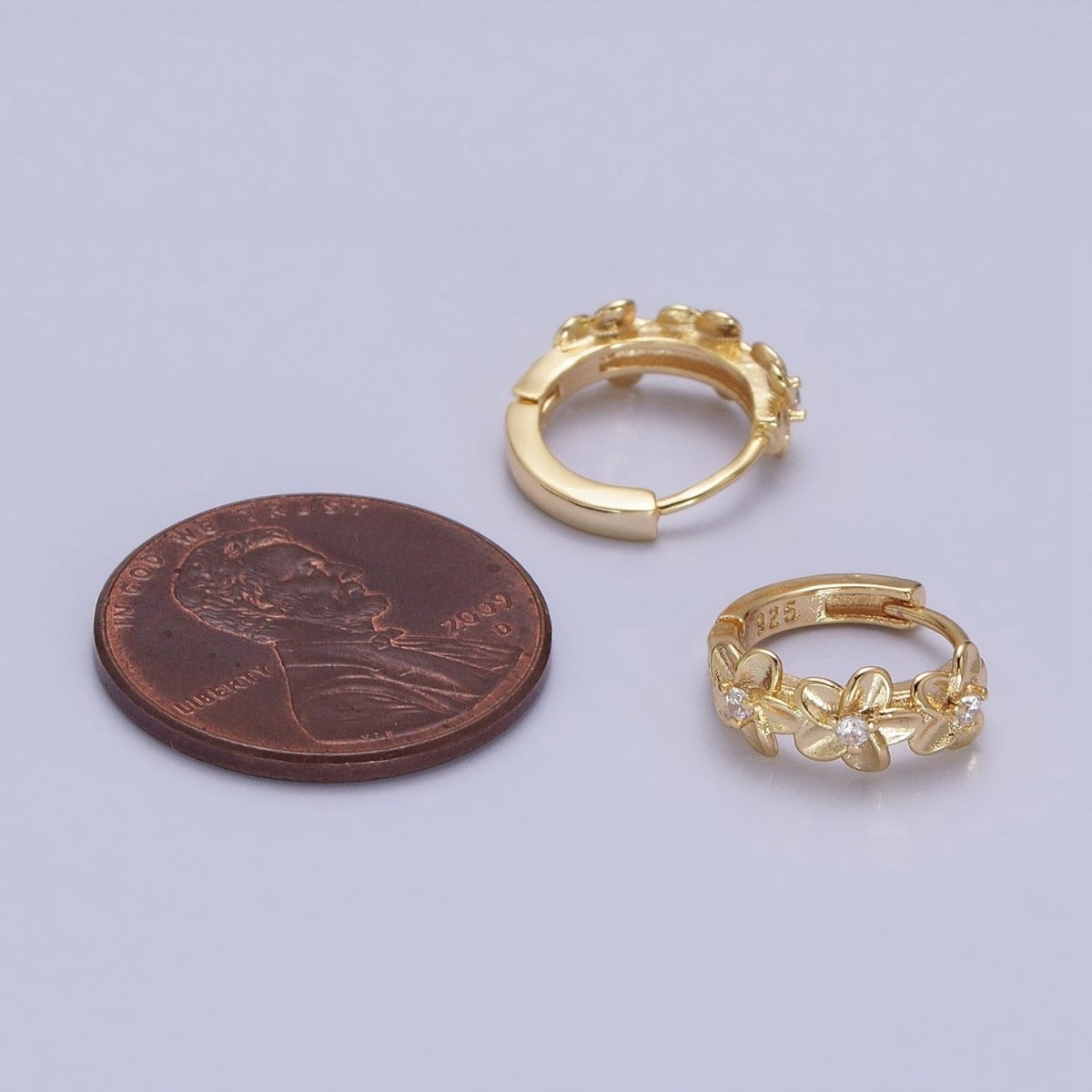 16K Gold Filled Triple Flower CZ Lined 12mm Huggie Earrings in Gold & Silver | AB1463 AB1464