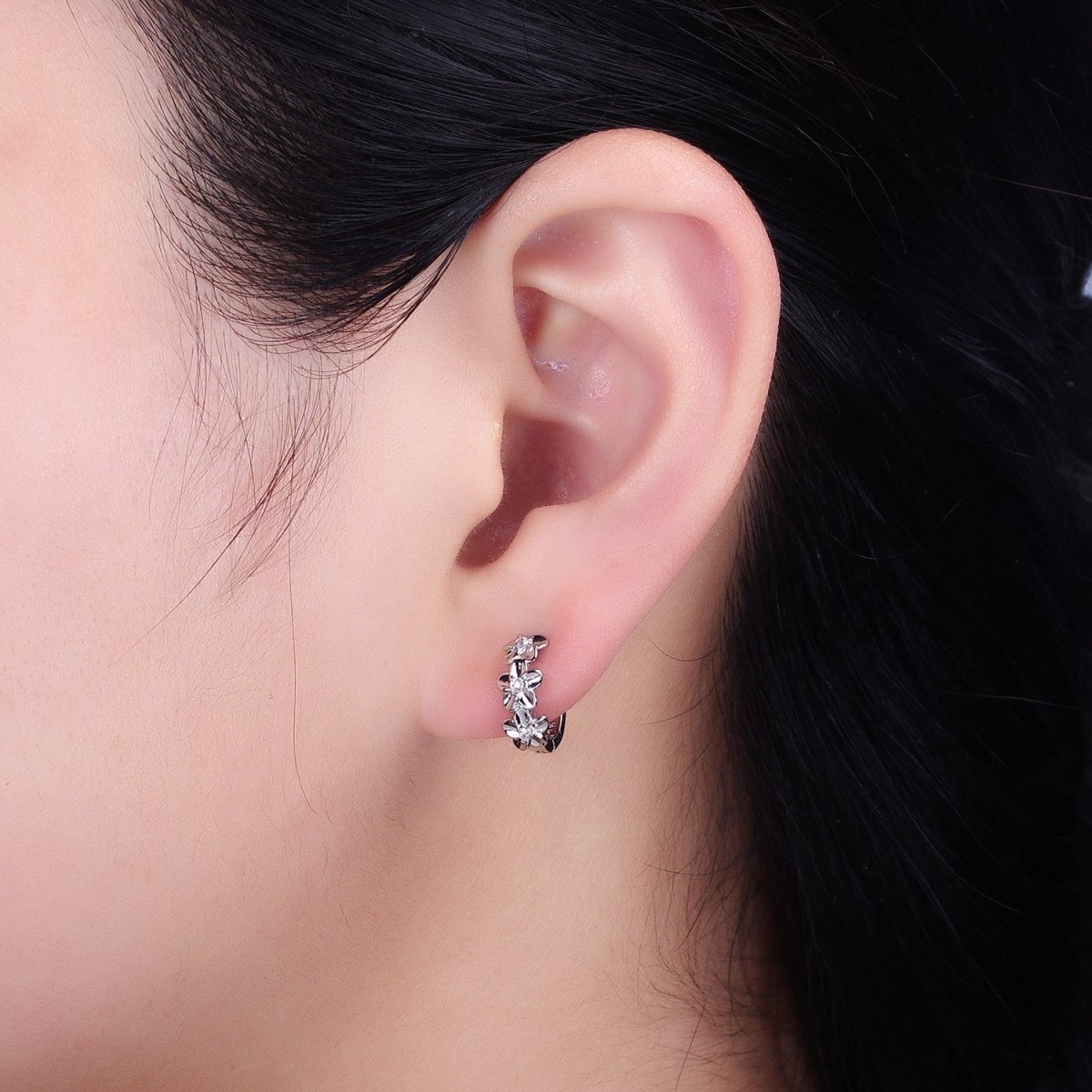 16K Gold Filled Triple Flower CZ Lined 12mm Huggie Earrings in Gold & Silver | AB1463 AB1464