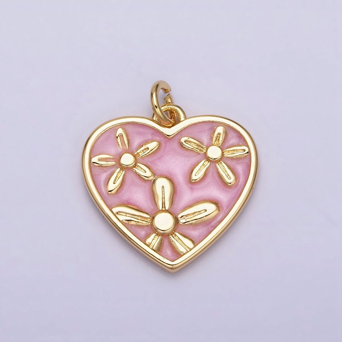 16K Gold Filled Triple Flower White, Pink, Blue Sparkly Enamel Heart Charm | AC1105 - AC1110