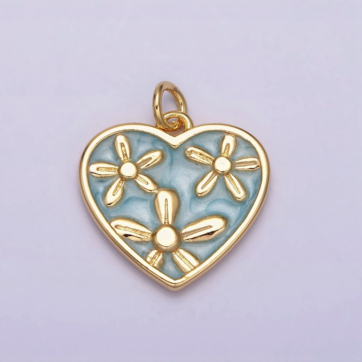 16K Gold Filled Triple Flower White, Pink, Blue Sparkly Enamel Heart Charm | AC1105 - AC1110