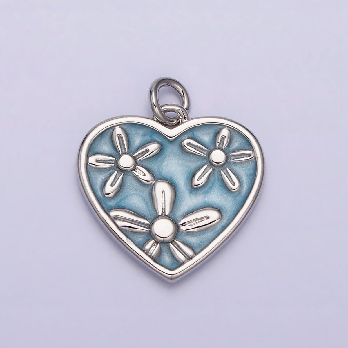16K Gold Filled Triple Flower White, Pink, Blue Sparkly Enamel Heart Charm | AC1105 - AC1110