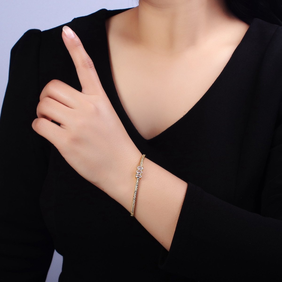 16K Gold Filled Triple Oval CZ Micro Paved CZ Stackable Hinge Bangle Bracelet | WA-1756 Clearance Pricing