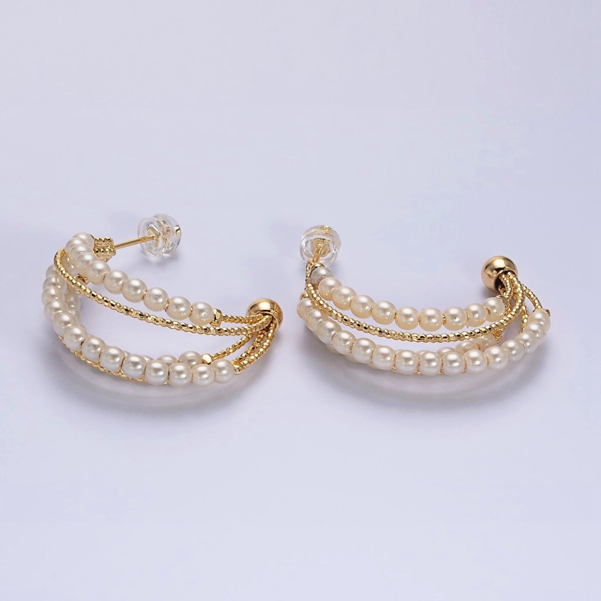 16K Gold Filled Triple Pearl Lined Multiple Textured Bar C-Shaped Hoop Earrings | AD946