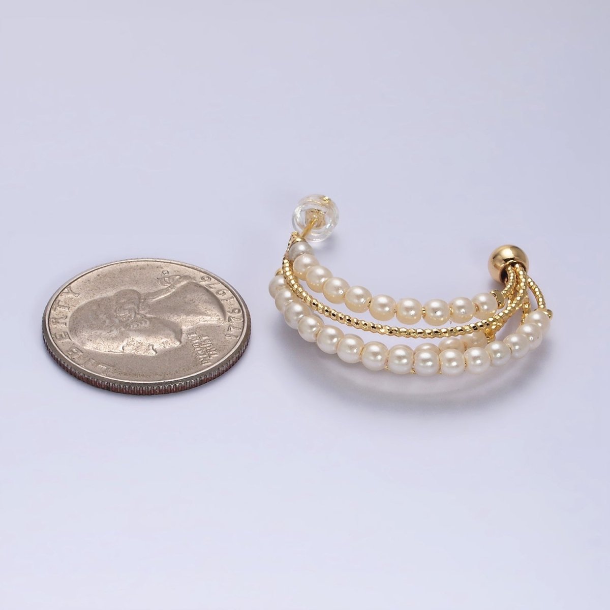 16K Gold Filled Triple Pearl Lined Multiple Textured Bar C-Shaped Hoop Earrings | AD946