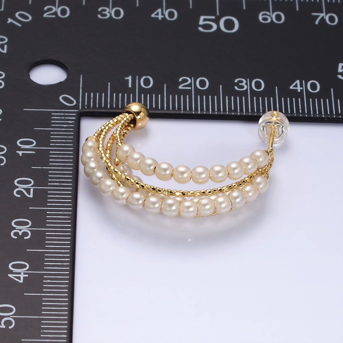 16K Gold Filled Triple Pearl Lined Multiple Textured Bar C-Shaped Hoop Earrings | AD946