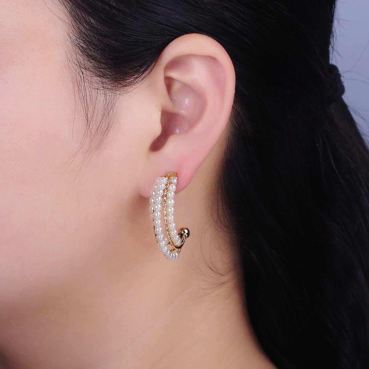 16K Gold Filled Triple Pearl Lined Multiple Textured Bar C-Shaped Hoop Earrings | AD946