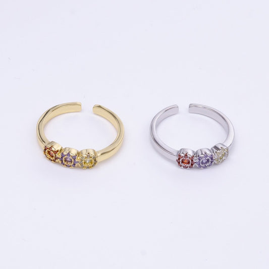 16K Gold Filled Triple Round Multicolor Micro Paved CZ Adjustable Ring in Gold & Silver | O-556 O-557
