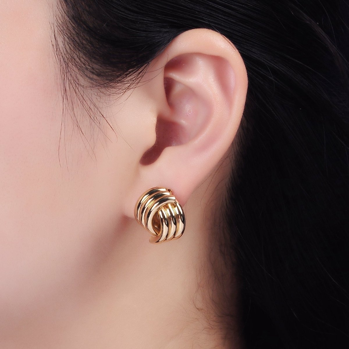 16K Gold Filled Triple Tube Band Double C-Shaped Geometric Stud Earrings | AB1111