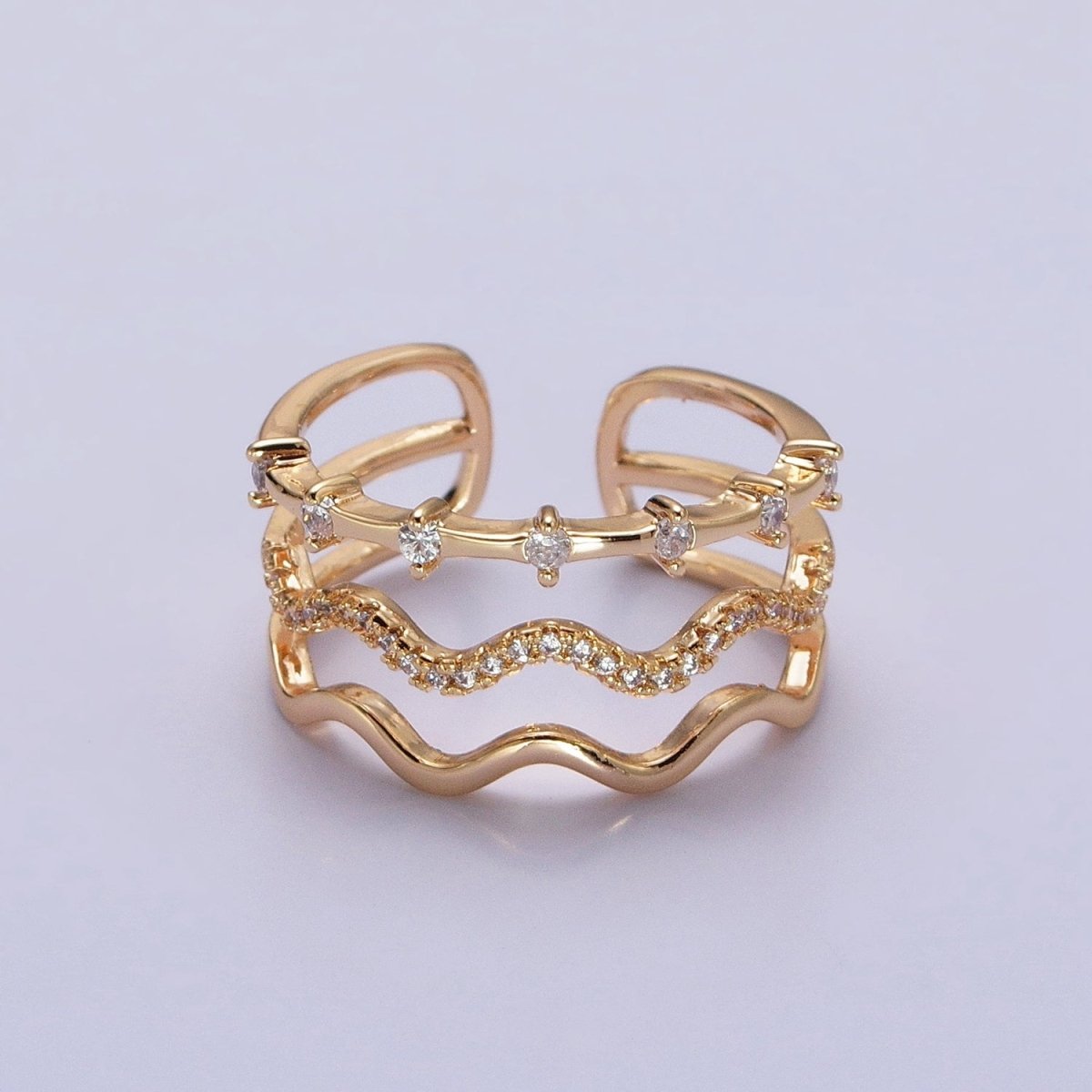 16K Gold Filled Triple Wavy Micro Paved CZ Dotted Band Ring in Gold & Silver | O1795