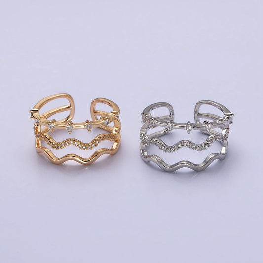 16K Gold Filled Triple Wavy Micro Paved CZ Dotted Band Ring in Gold & Silver | O1795