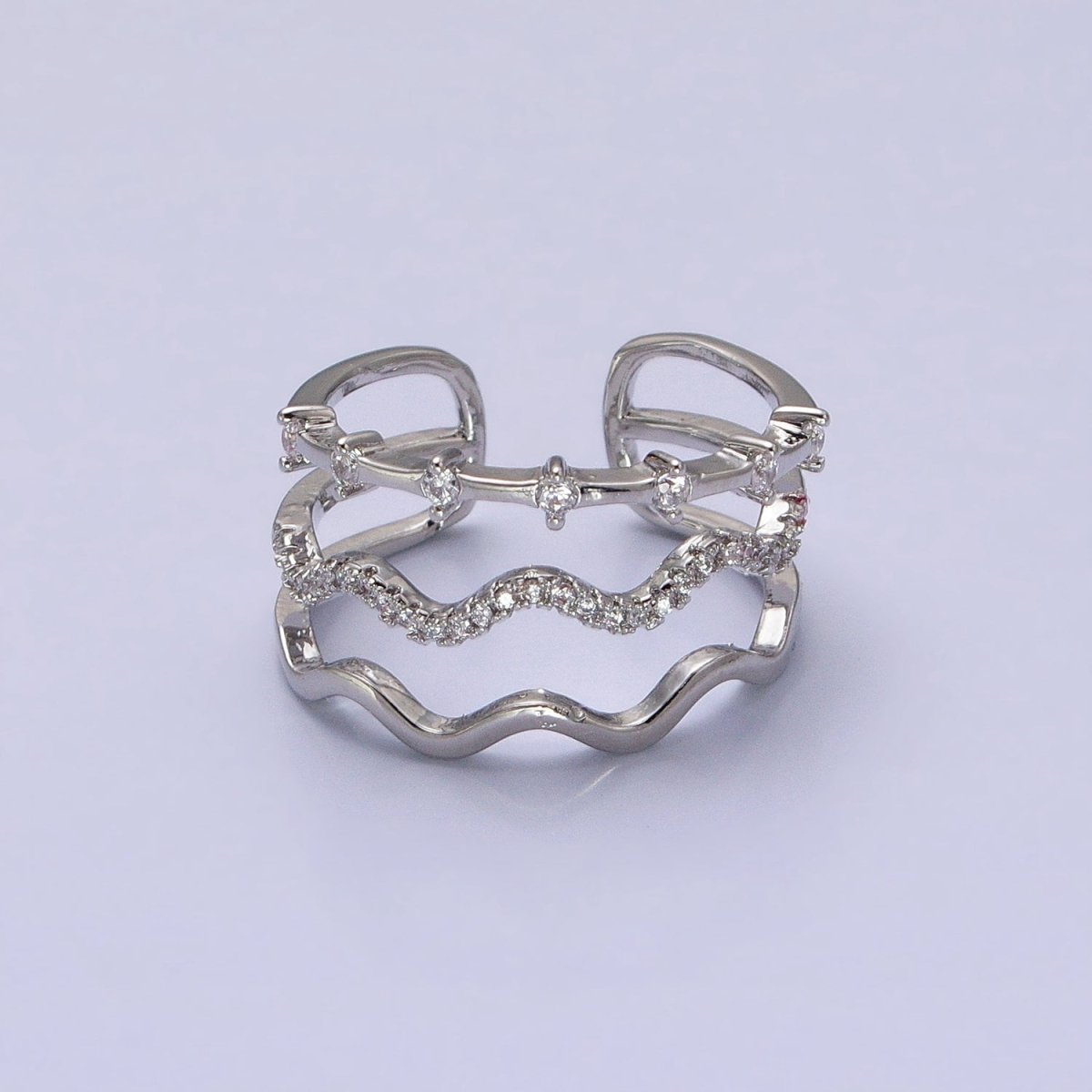 16K Gold Filled Triple Wavy Micro Paved CZ Dotted Band Ring in Gold & Silver | O1795