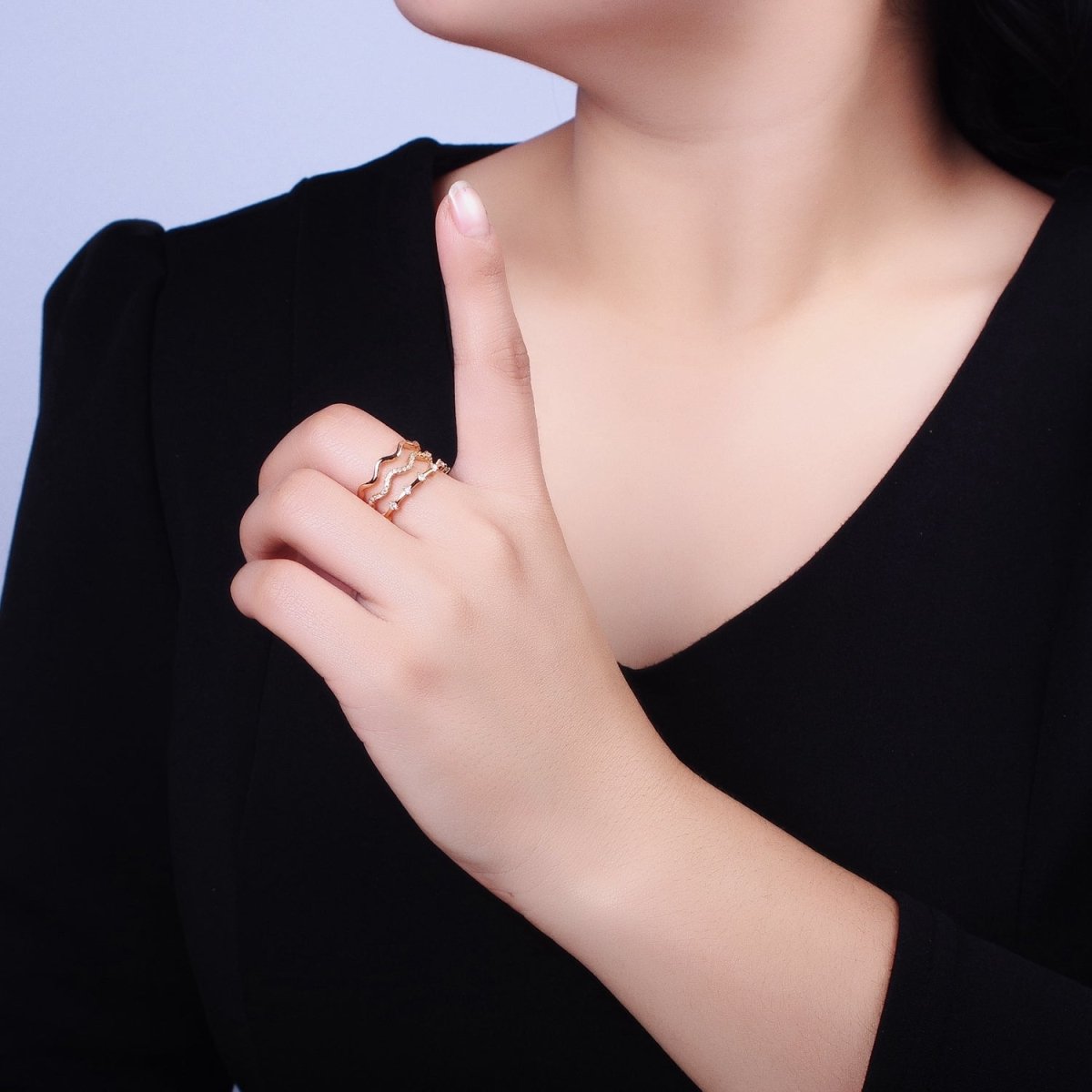 16K Gold Filled Triple Wavy Micro Paved CZ Dotted Band Ring in Gold & Silver | O1795