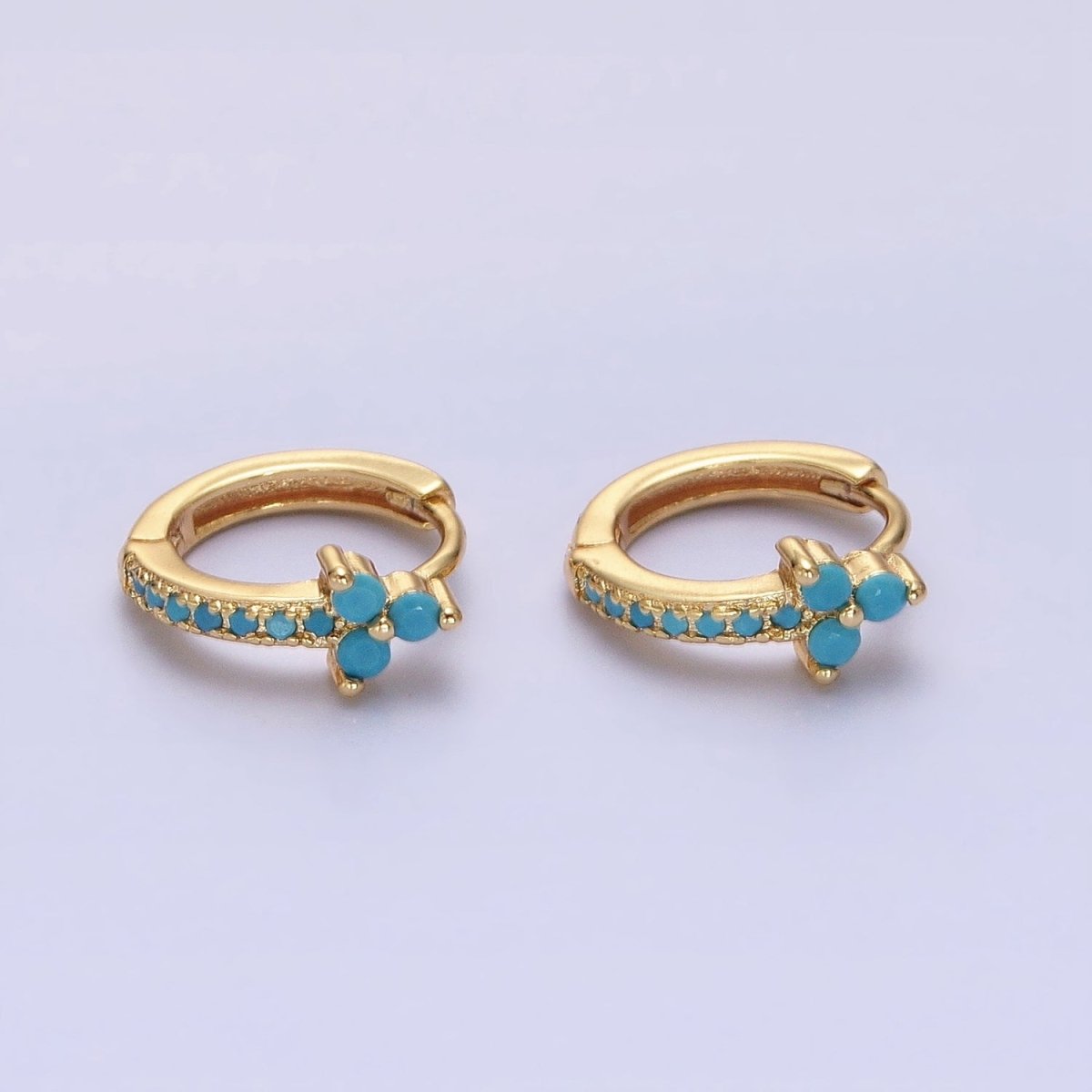 16K Gold Filled Turquoise Lined Arrow Triple Flower 11mm Cartilage Huggie Earrings in Gold & Silver | AB1474 AB1475