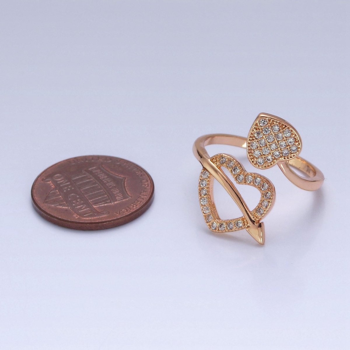 16K Gold Filled Two Micro Pave CZ Hearts with Arrow Open Adjustable Ring S-233