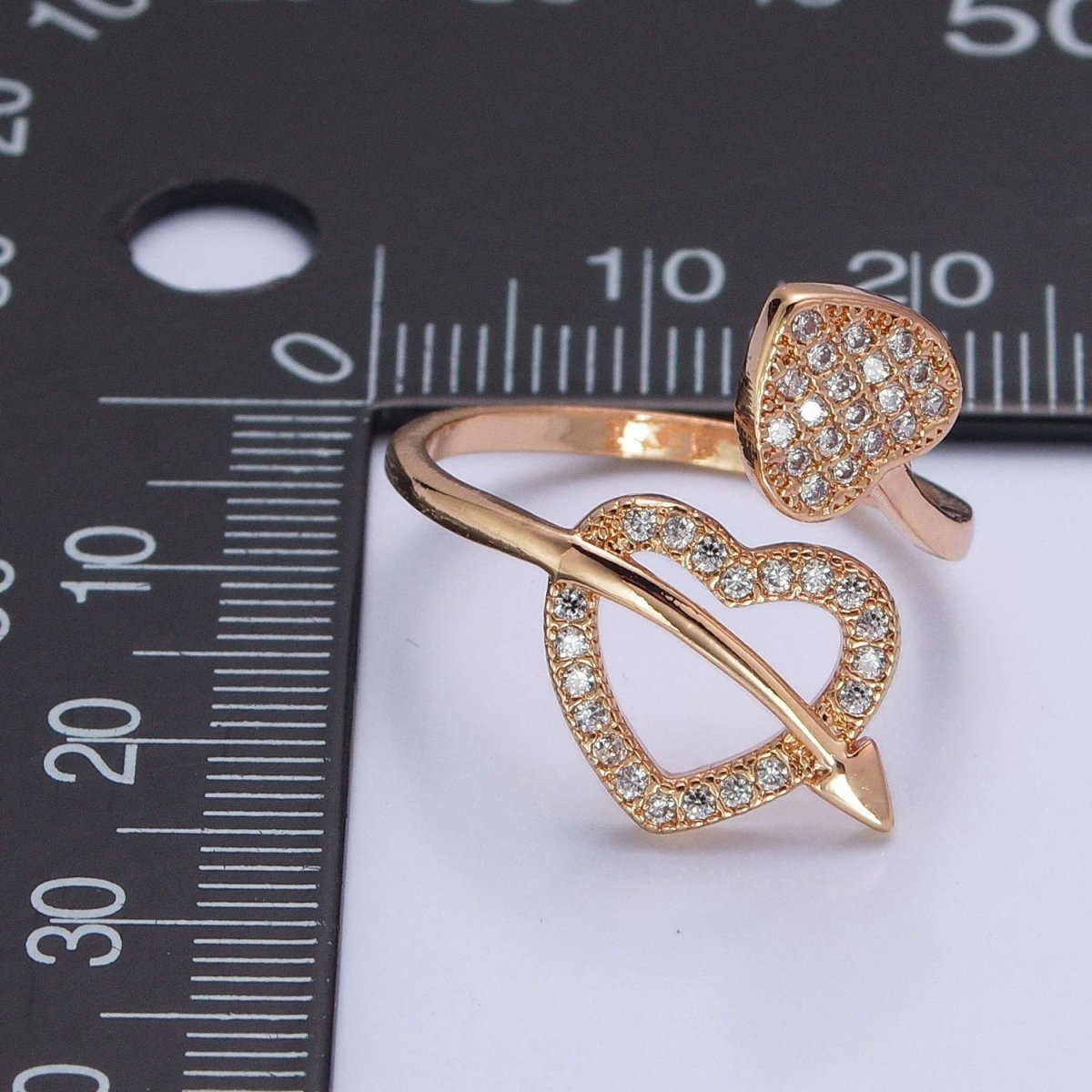 16K Gold Filled Two Micro Pave CZ Hearts with Arrow Open Adjustable Ring S-233