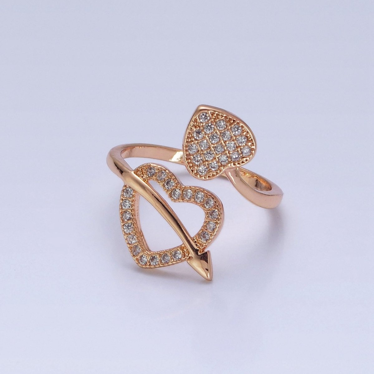 16K Gold Filled Two Micro Pave CZ Hearts with Arrow Open Adjustable Ring S-233