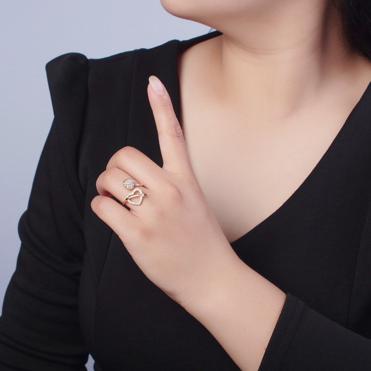 16K Gold Filled Two Micro Pave CZ Hearts with Arrow Open Adjustable Ring S-233