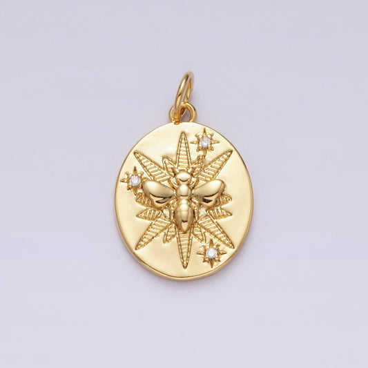 16K Gold Filled Wasps Bee Insect Celestial Star Lined Oval Charm | AC1287