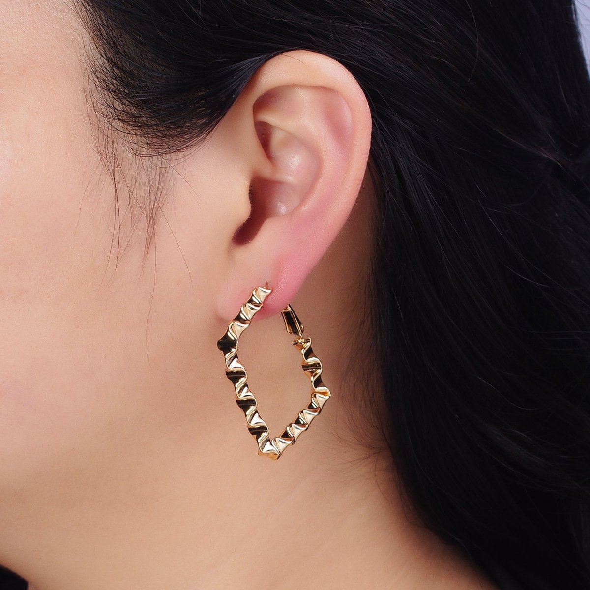 16k Gold Filled Wavy Hoop Earring Irregular Rhombus Shaped Hoop Earring Statement Earring 37mm AD998 AD999