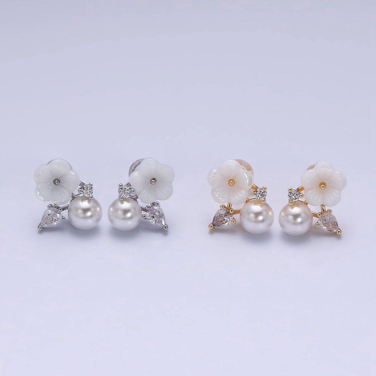 16K Gold Filled White Acrylic Flower Pearl CZ Stud Earrings in Gold & Silver | AD1558 AD1559