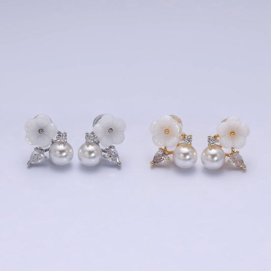 16K Gold Filled White Acrylic Flower Pearl CZ Stud Earrings in Gold & Silver | AD1558 AD1559