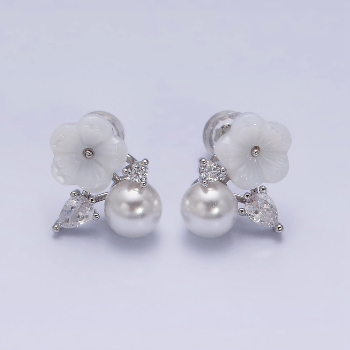 16K Gold Filled White Acrylic Flower Pearl CZ Stud Earrings in Gold & Silver | AD1558 AD1559