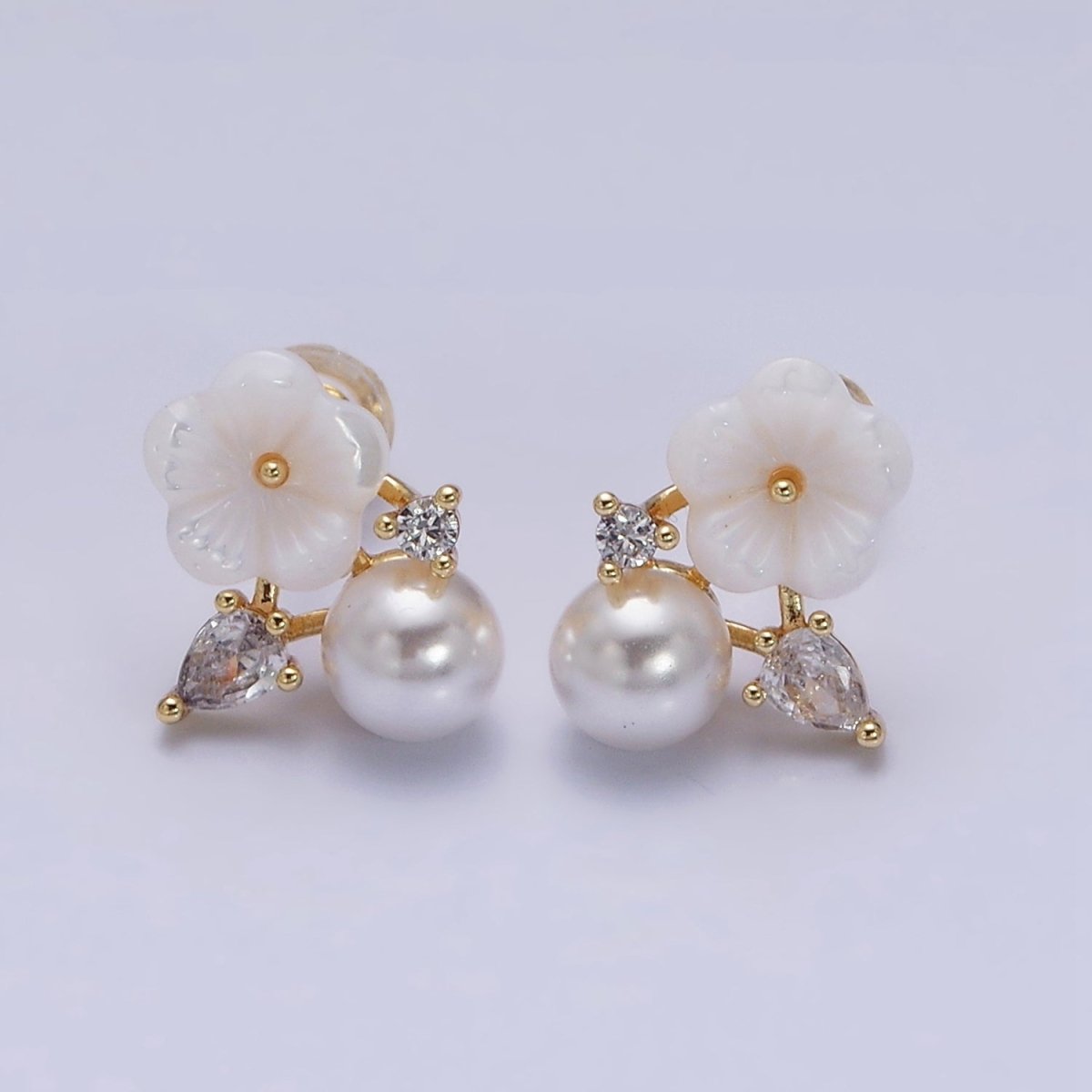 16K Gold Filled White Acrylic Flower Pearl CZ Stud Earrings in Gold & Silver | AD1558 AD1559
