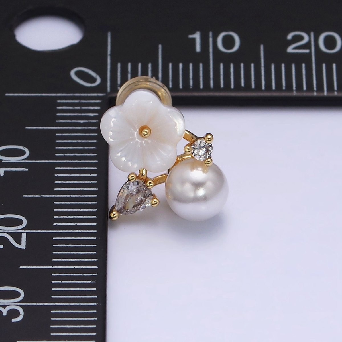 16K Gold Filled White Acrylic Flower Pearl CZ Stud Earrings in Gold & Silver | AD1558 AD1559