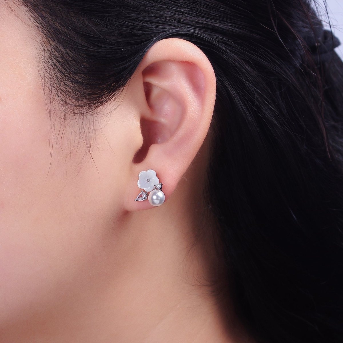 16K Gold Filled White Acrylic Flower Pearl CZ Stud Earrings in Gold & Silver | AD1558 AD1559