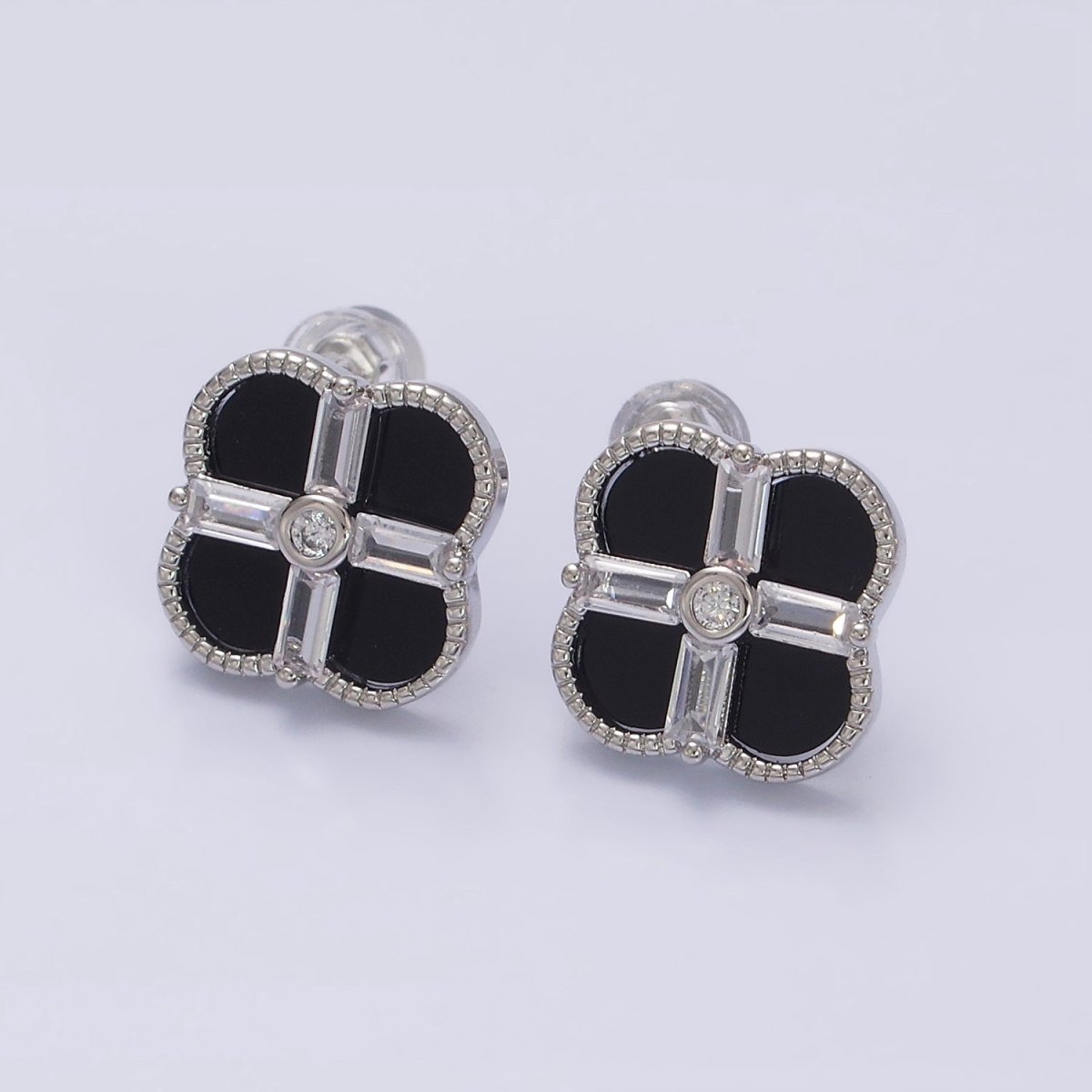 16K Gold Filled White, Black Baguette Quatrefoil Stud Earrings in Gold & Silver | AD1116 - AD1119