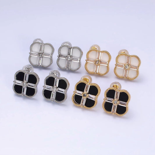 16K Gold Filled White, Black Baguette Quatrefoil Stud Earrings in Gold & Silver | AD1116 - AD1119